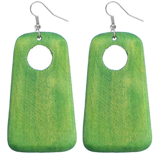 Green Wooden Circular Cutout Drop Earrings