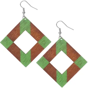 Green Wooden Rhombus Shape Dangle Earrings