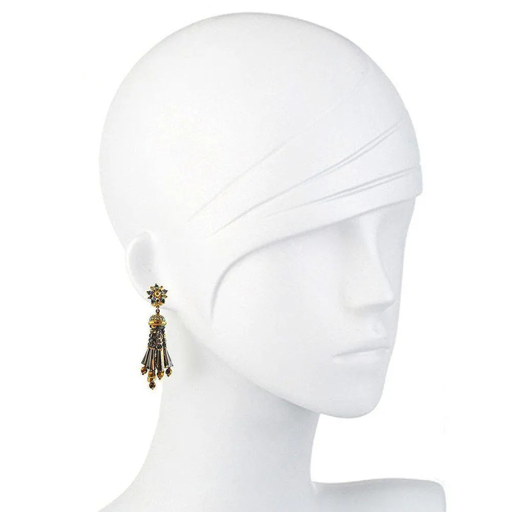 Grey Bead Tassel Clip Earrings