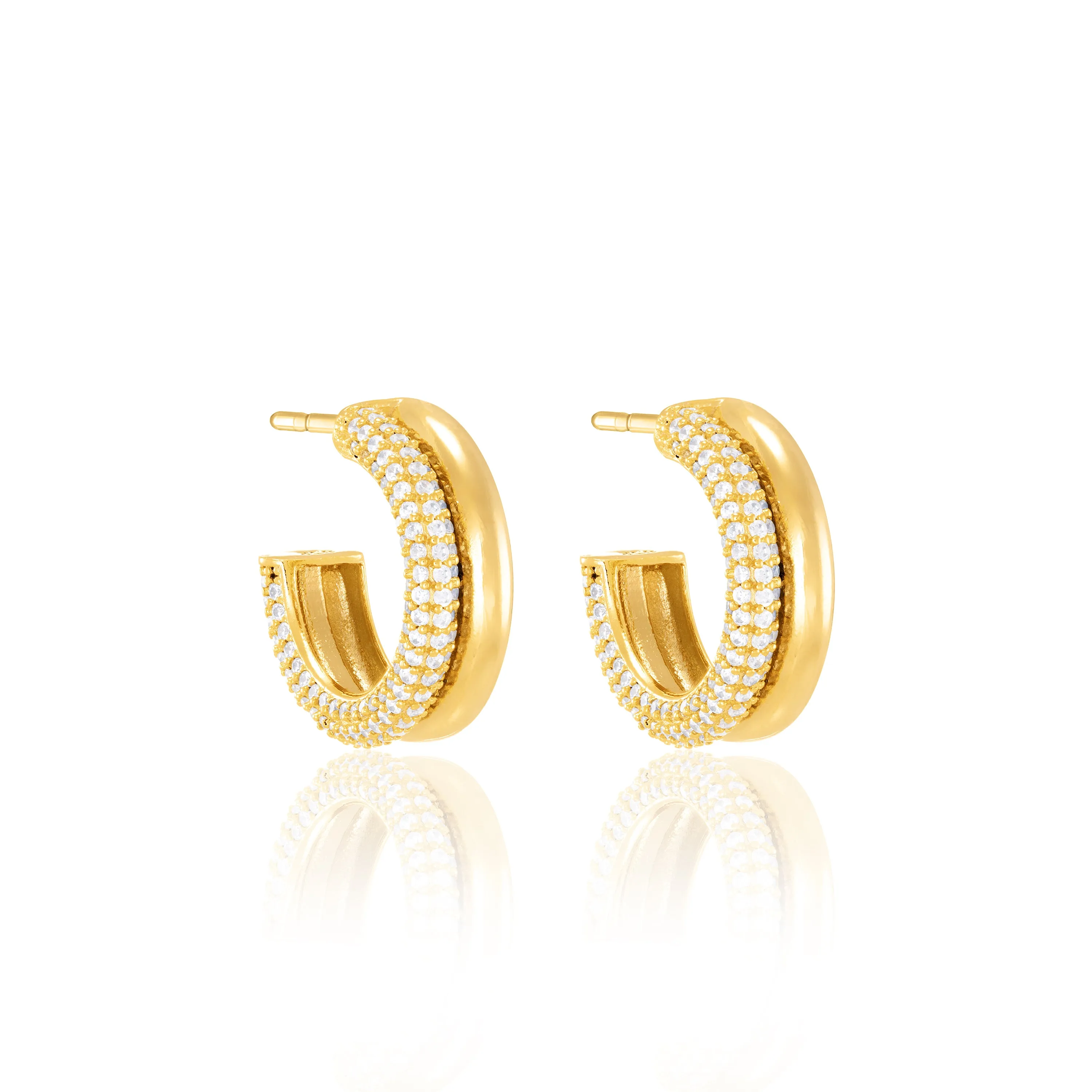 Half Plain Half Pave Semi Hoop Earrings - Gold White - Big