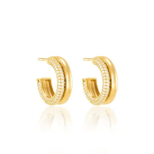 Half Plain Half Pave Semi Hoop Earrings - Gold White - Big