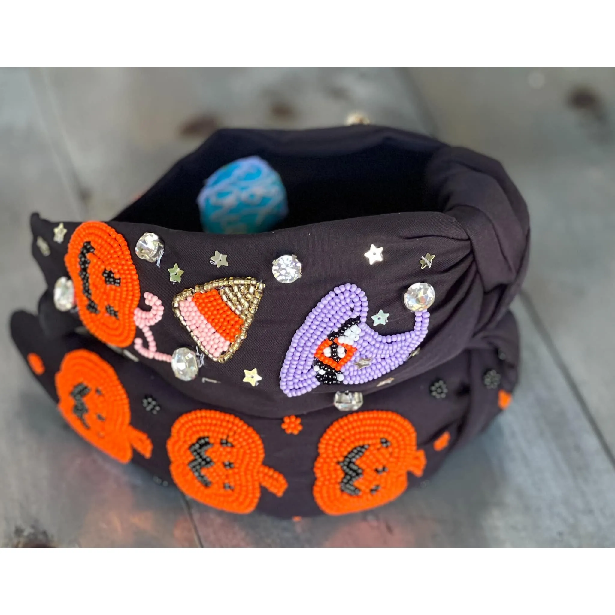 Halloween Witch Hat Candy Corn Top Knot Seed Beaded Handmade Headband.