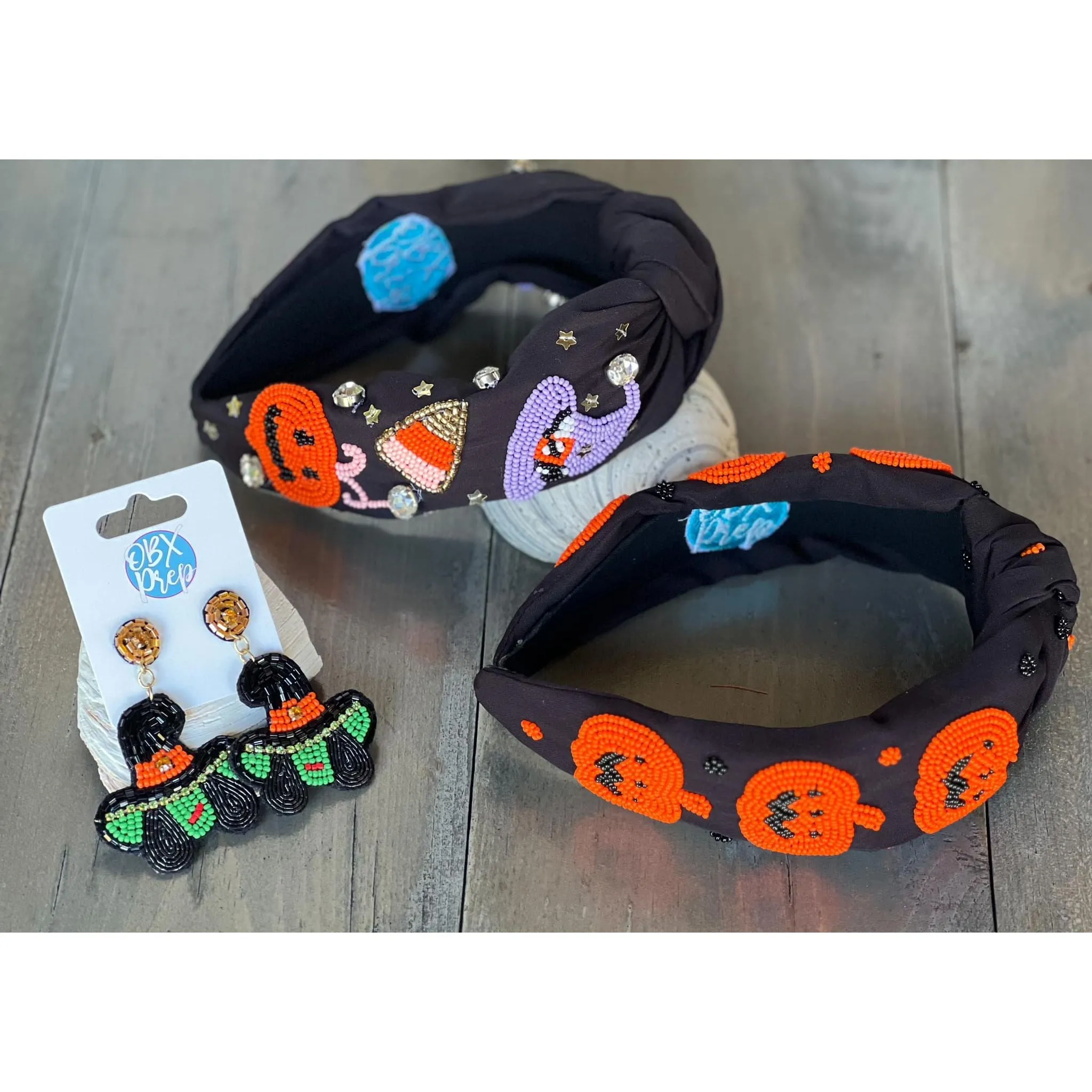 Halloween Witch Hat Candy Corn Top Knot Seed Beaded Handmade Headband.
