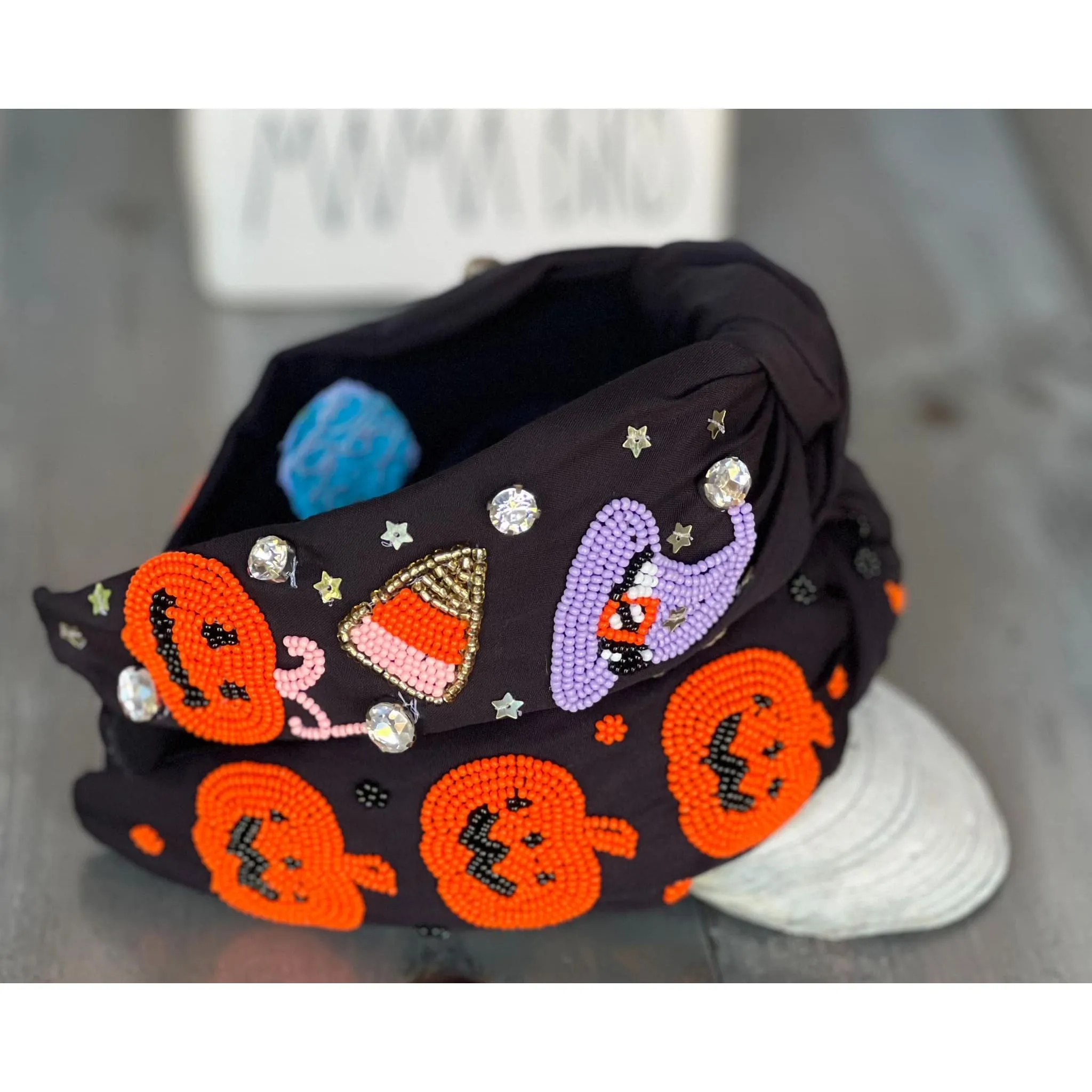 Halloween Witch Hat Candy Corn Top Knot Seed Beaded Handmade Headband.