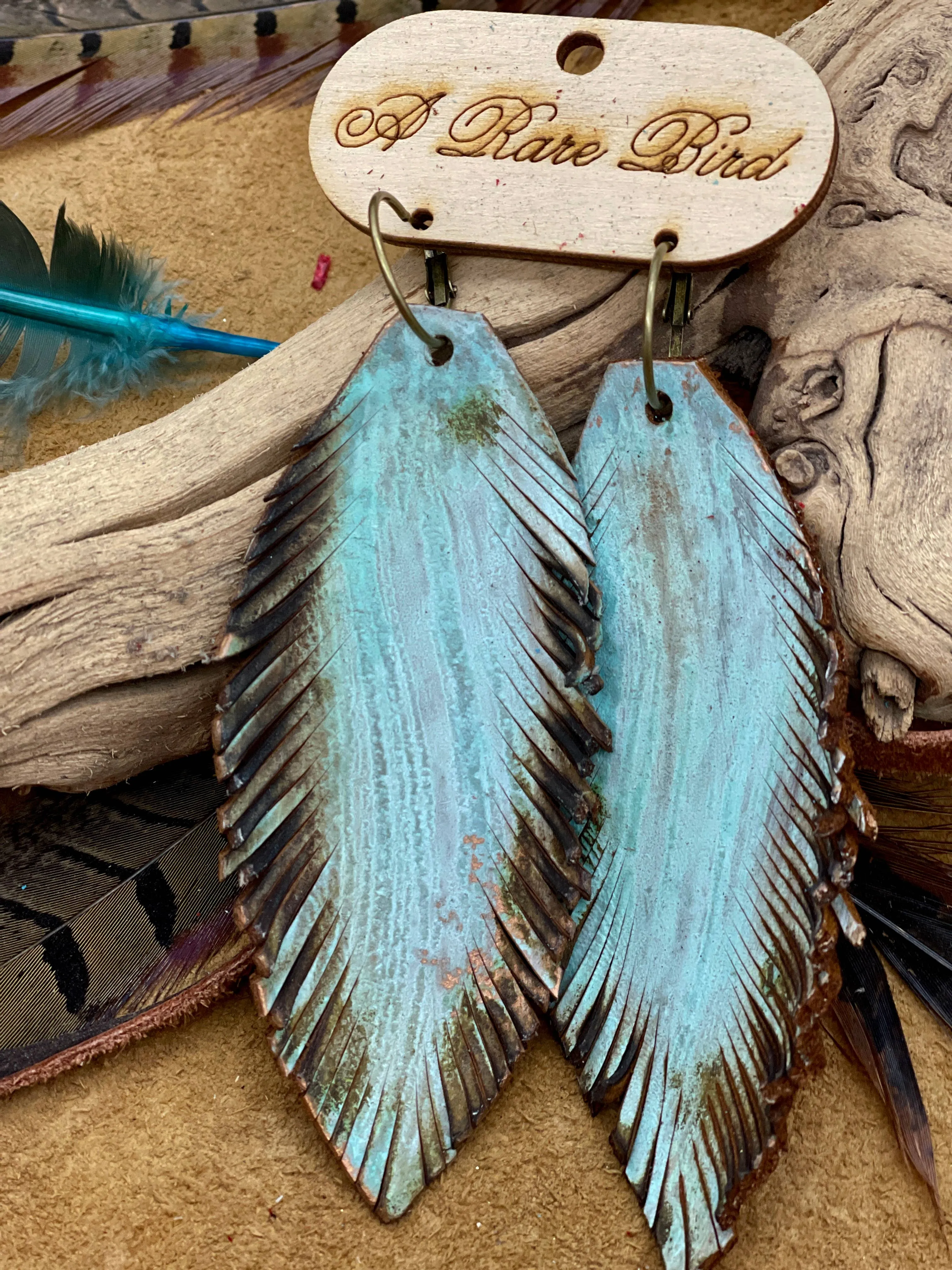 Hand-cut Patina Leather Feather Rare Bird Earrings