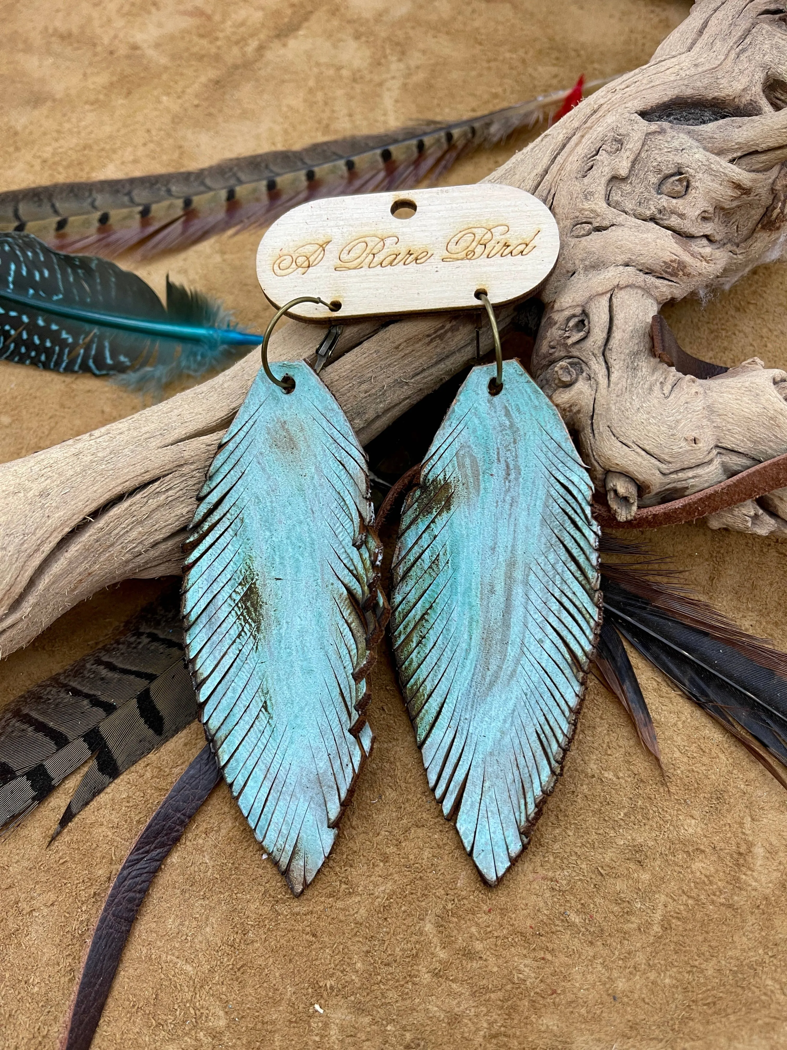 Hand-cut Patina Leather Feather Rare Bird Earrings