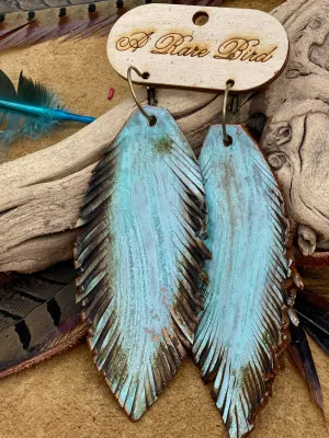 Hand-cut Patina Leather Feather Rare Bird Earrings