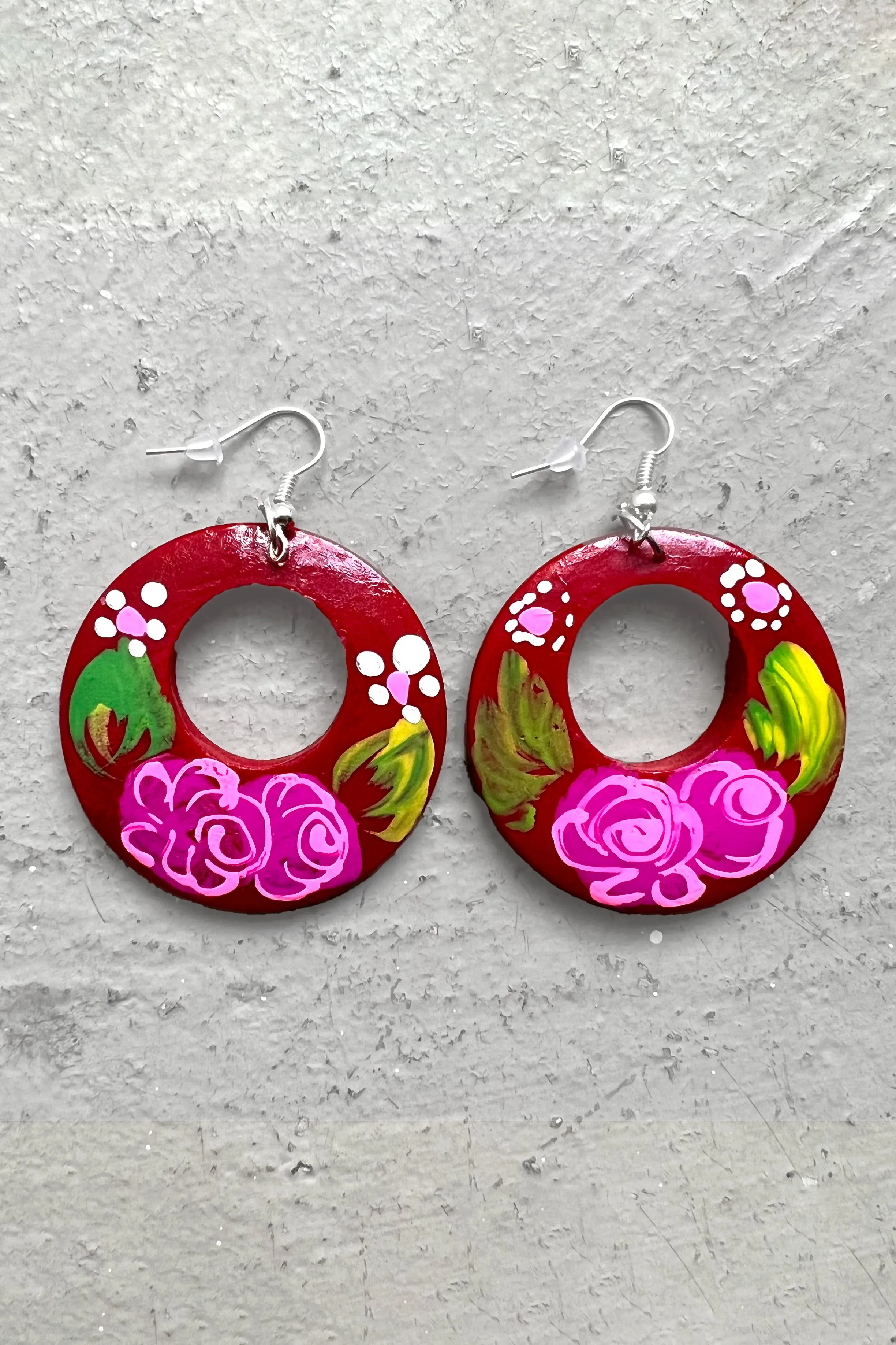 Hand Painted Red Folk Earrings