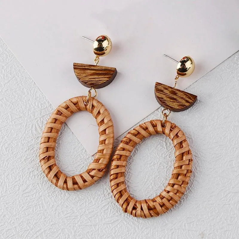 Handmade Rattan Wooden Drop Earrings