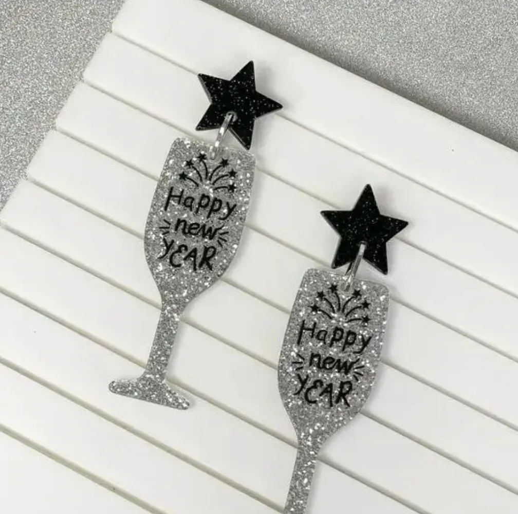 Happy New Years Champagne Glass Beaded Earrings
