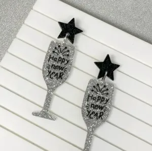 Happy New Years Champagne Glass Beaded Earrings