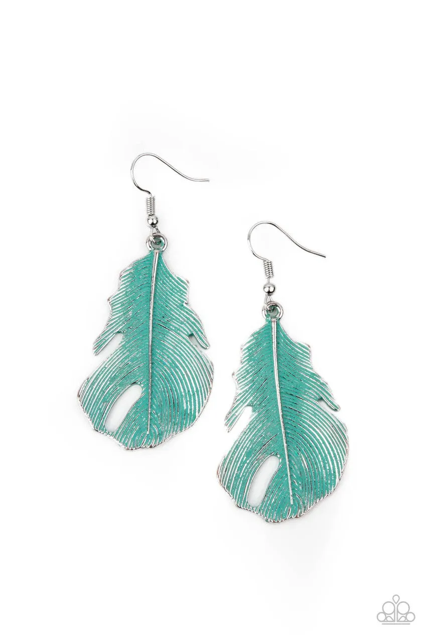 Heads QUILL Roll - Blue - Patina Feather Paparazzi Fishhook Earrings