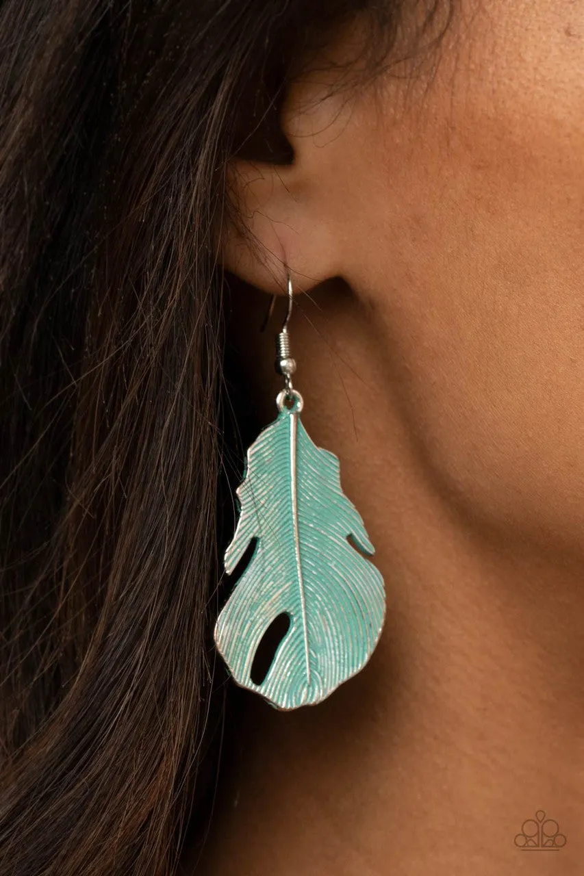 Heads QUILL Roll - Blue - Patina Feather Paparazzi Fishhook Earrings