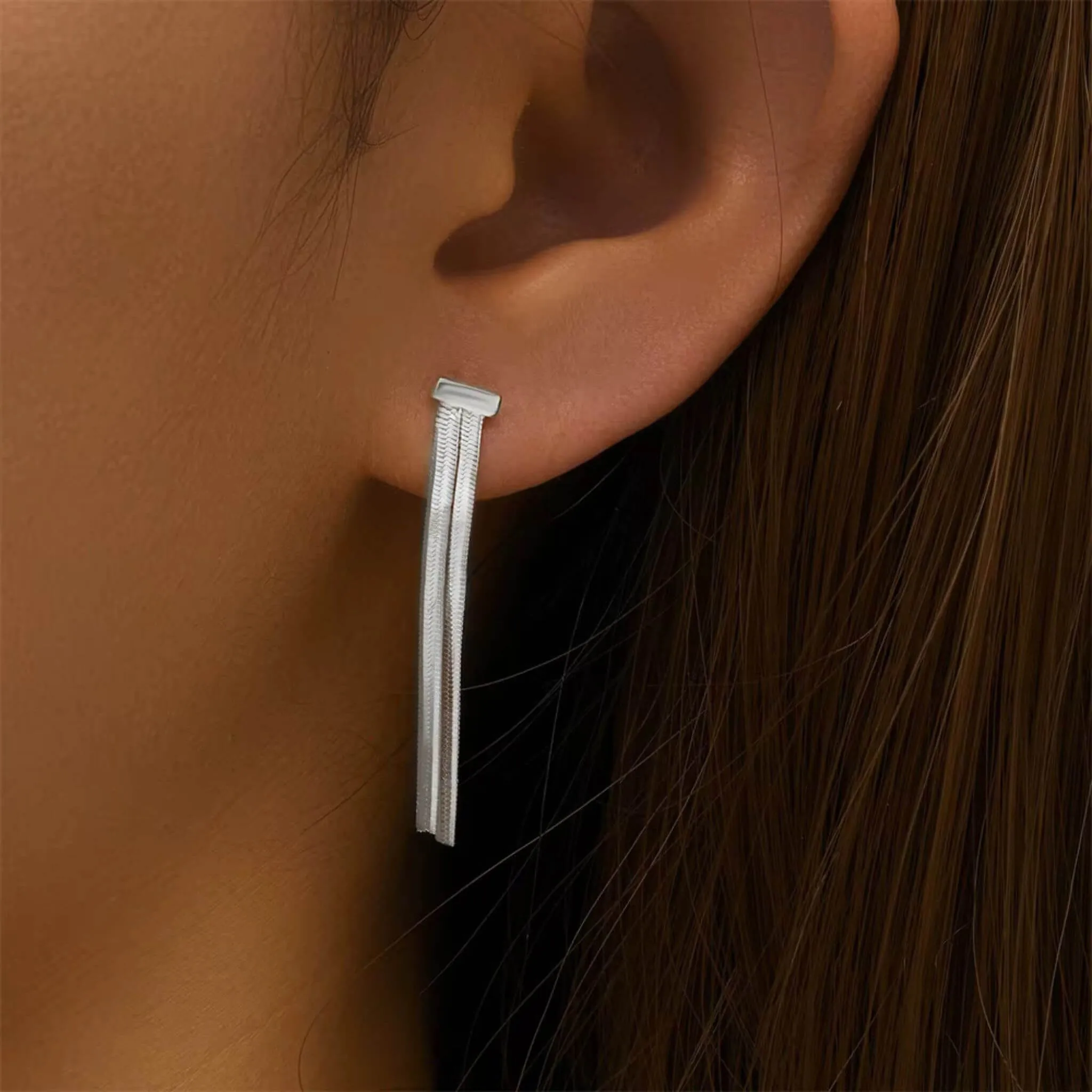 Herringbone Tassel Stud Earrings – 925 Silver or 14K Gold
