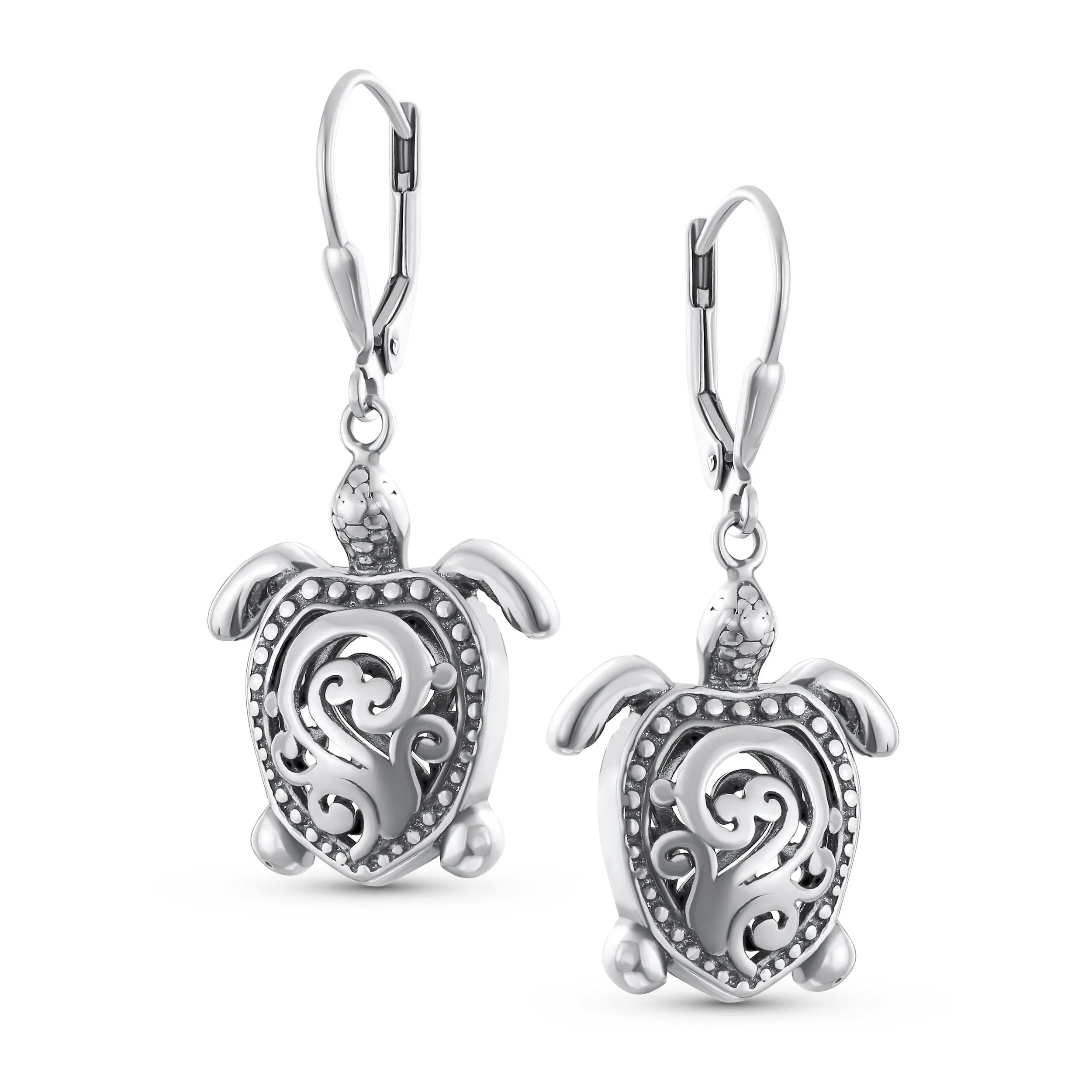 Honeymoon Nautical Balinese Turtle Dangle Earrings in Oxidized Sterling Silver