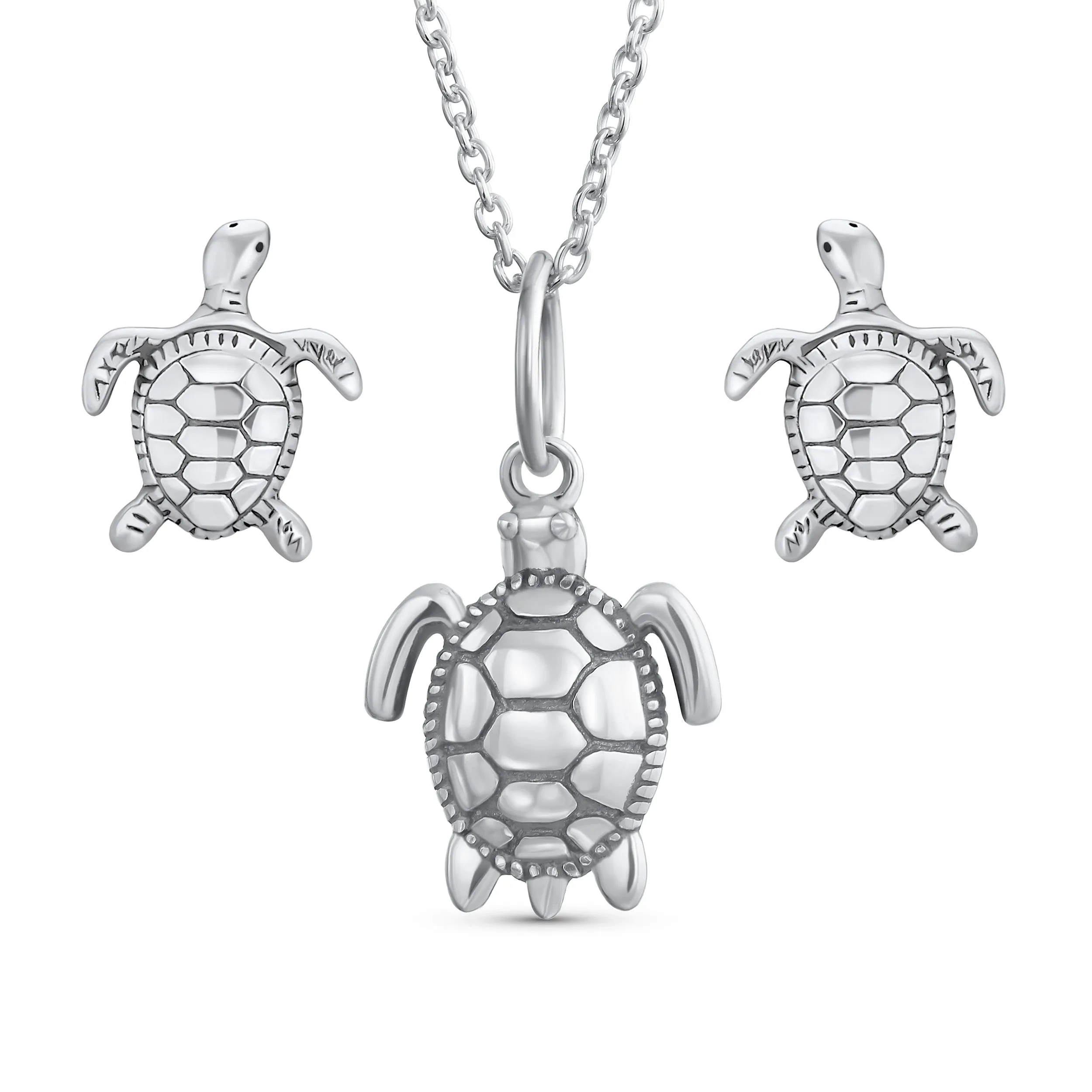 Honeymoon Nautical Sea Turtle Pendant and Earrings Jewelry Set Sterling Silver