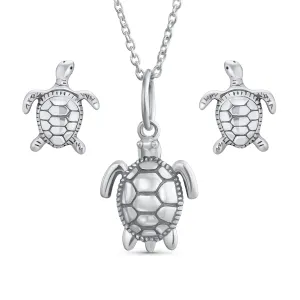 Honeymoon Nautical Sea Turtle Pendant and Earrings Jewelry Set Sterling Silver