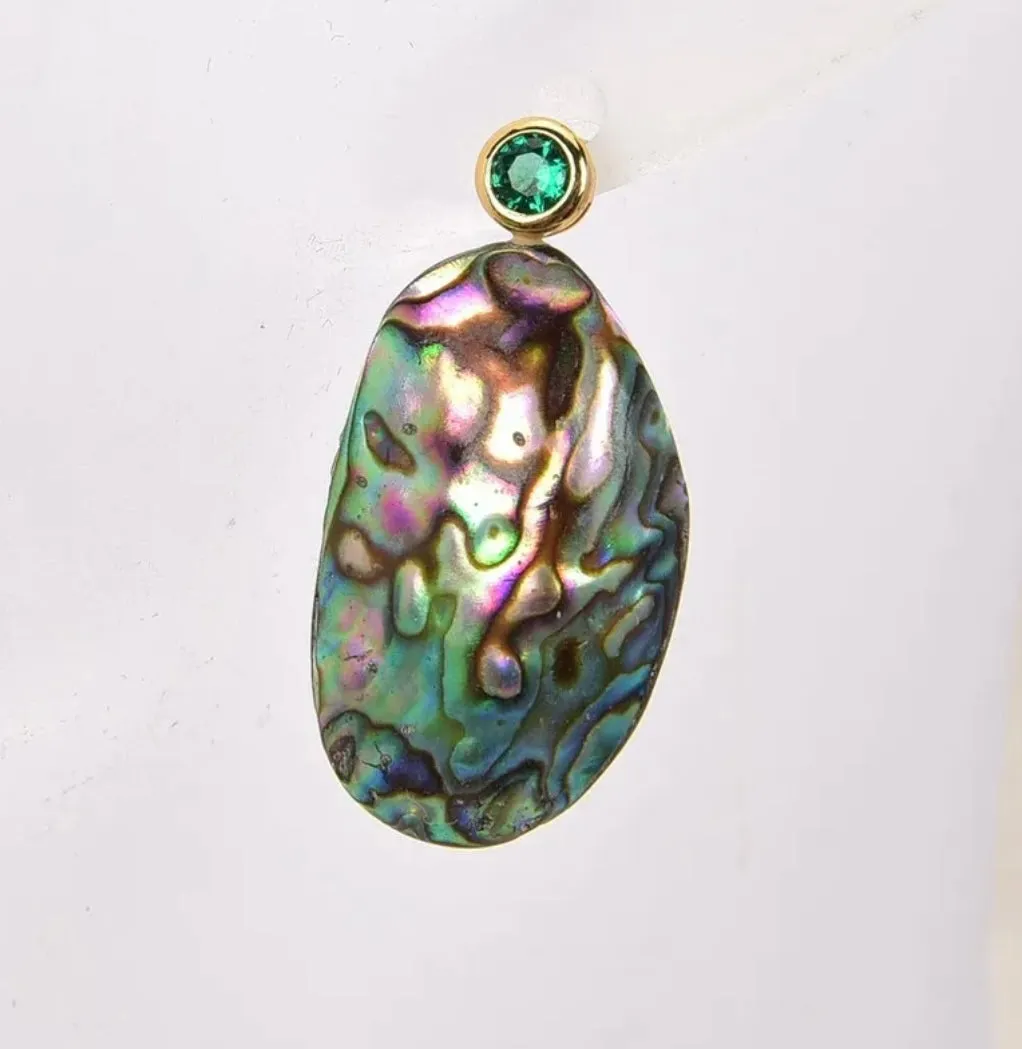 Iridescent Rainbow Abalone Shell Green Pave Stud Statement Earrings 1.5"