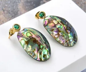 Iridescent Rainbow Abalone Shell Green Pave Stud Statement Earrings 1.5"