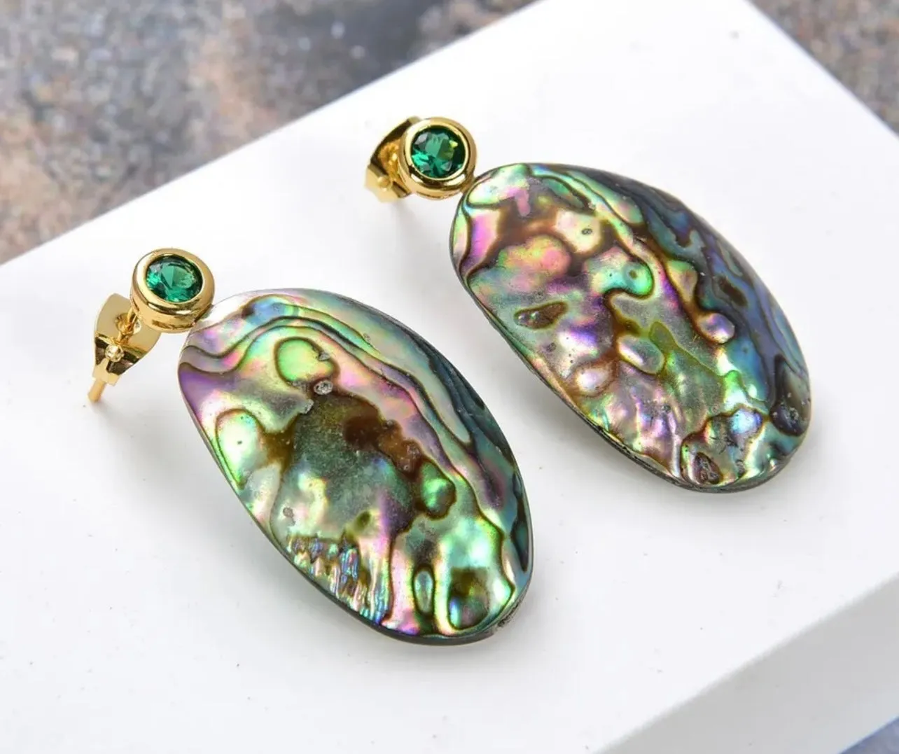 Iridescent Rainbow Abalone Shell Green Pave Stud Statement Earrings 1.5"