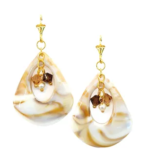Ivory Shell Swirl Austrian Crystal and Pearl Triangle Teardrop Dangle Earrings