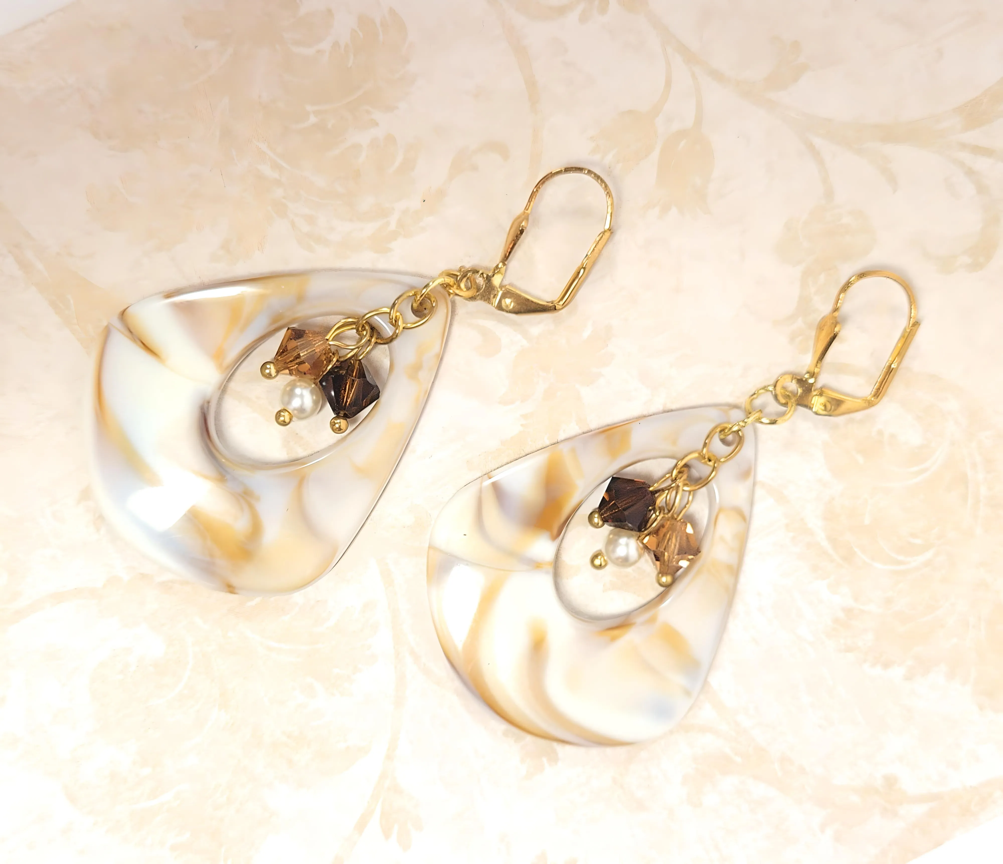 Ivory Shell Swirl Austrian Crystal and Pearl Triangle Teardrop Dangle Earrings