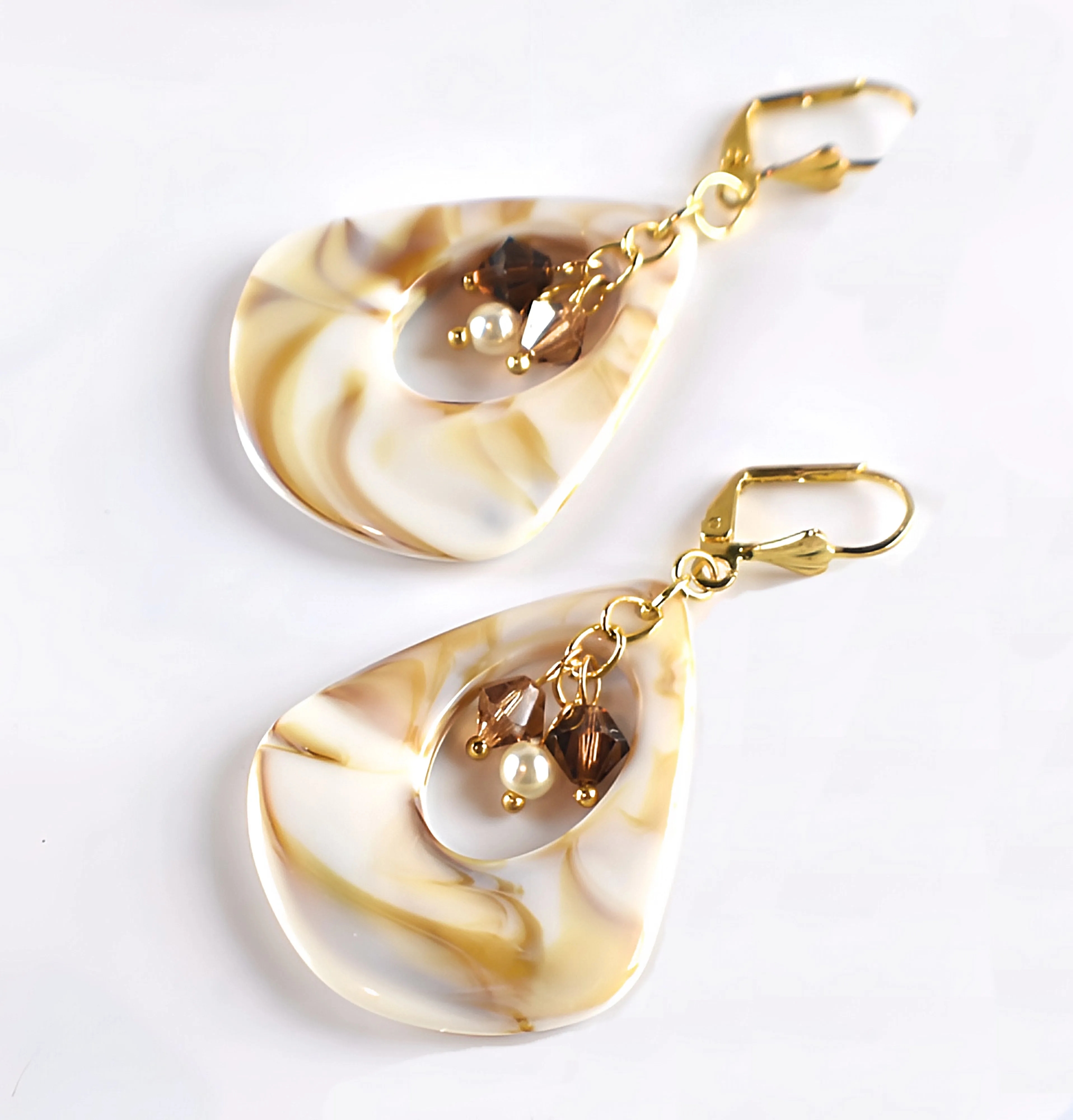 Ivory Shell Swirl Austrian Crystal and Pearl Triangle Teardrop Dangle Earrings