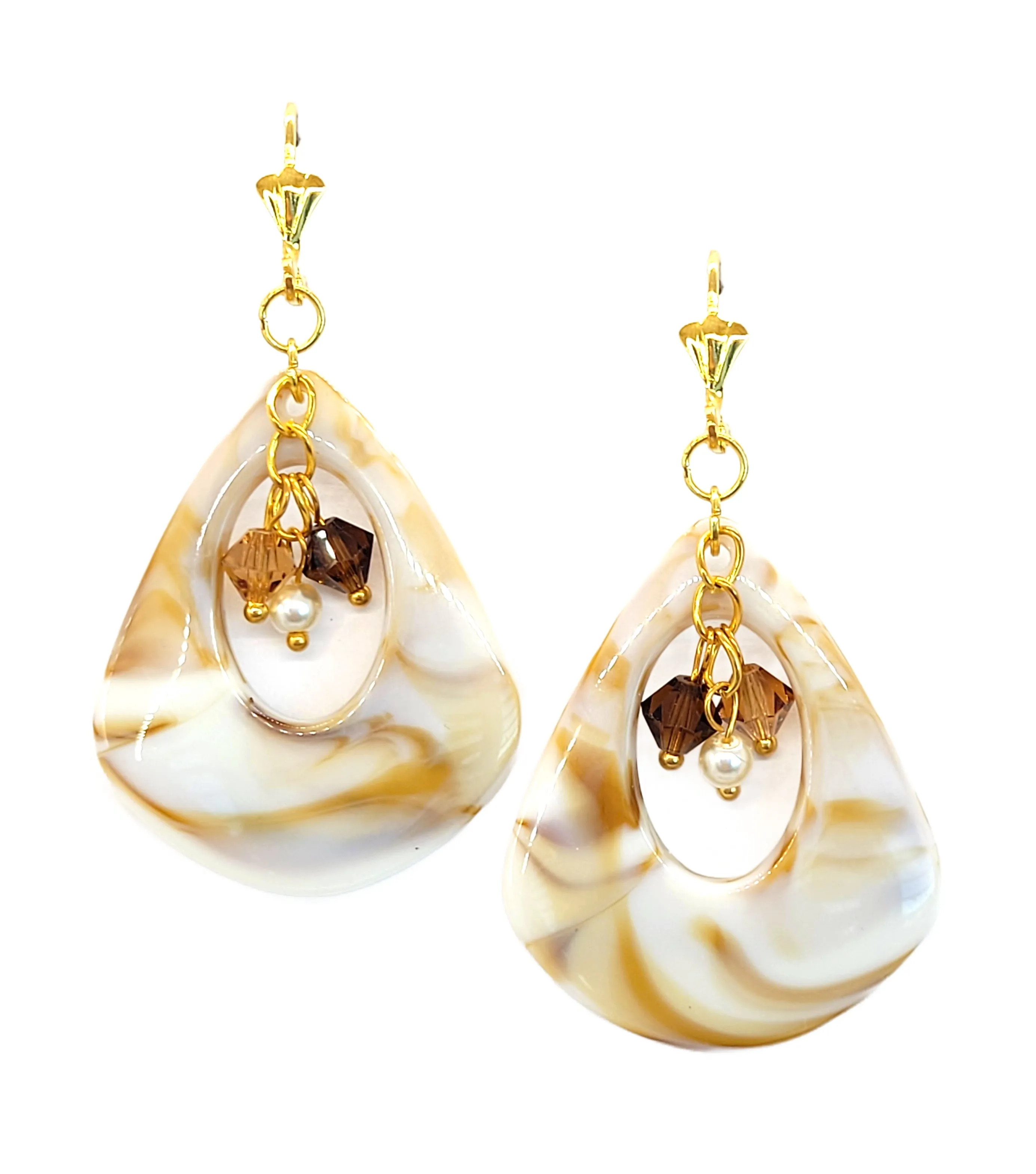 Ivory Shell Swirl Austrian Crystal and Pearl Triangle Teardrop Dangle Earrings