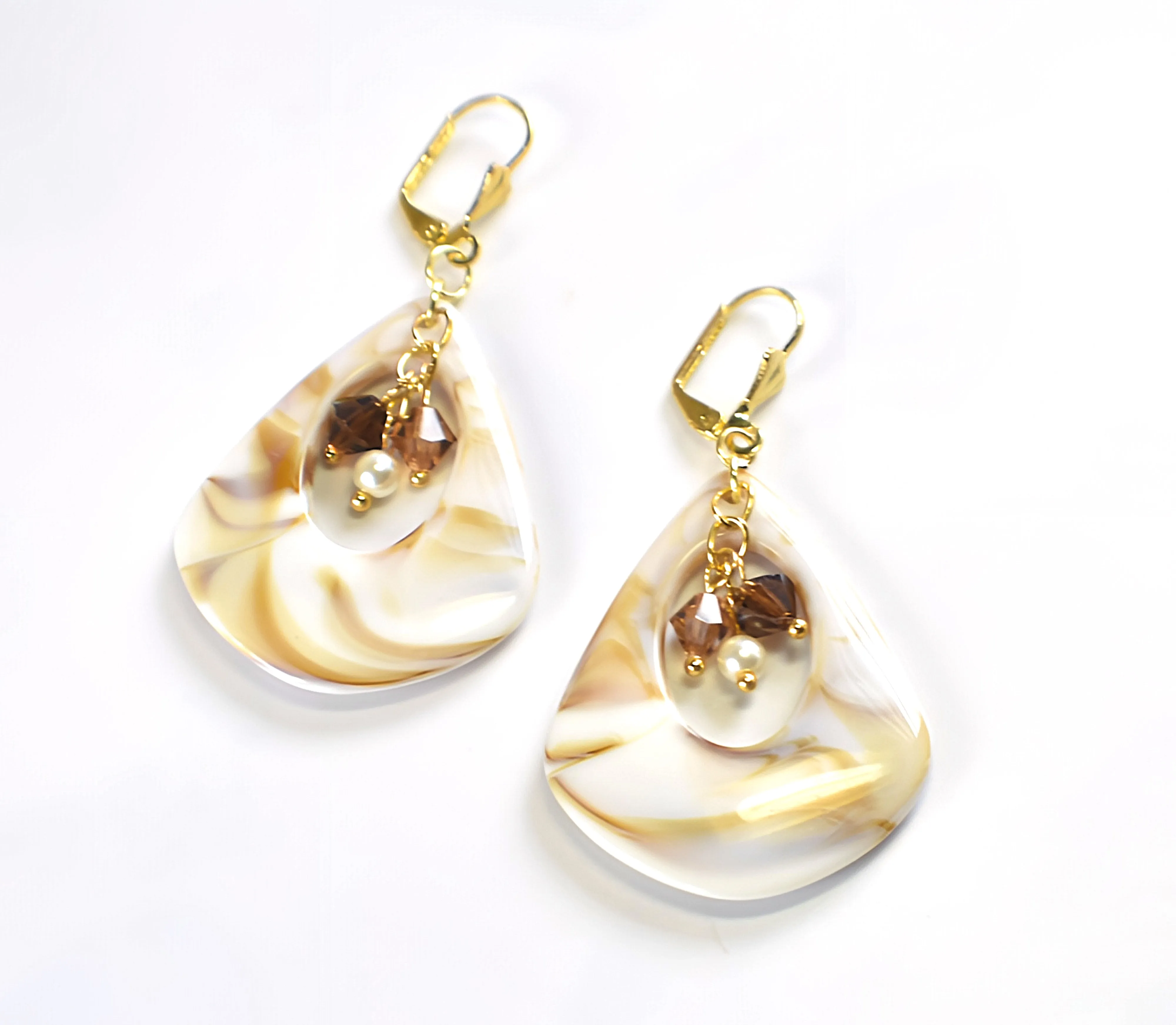 Ivory Shell Swirl Austrian Crystal and Pearl Triangle Teardrop Dangle Earrings