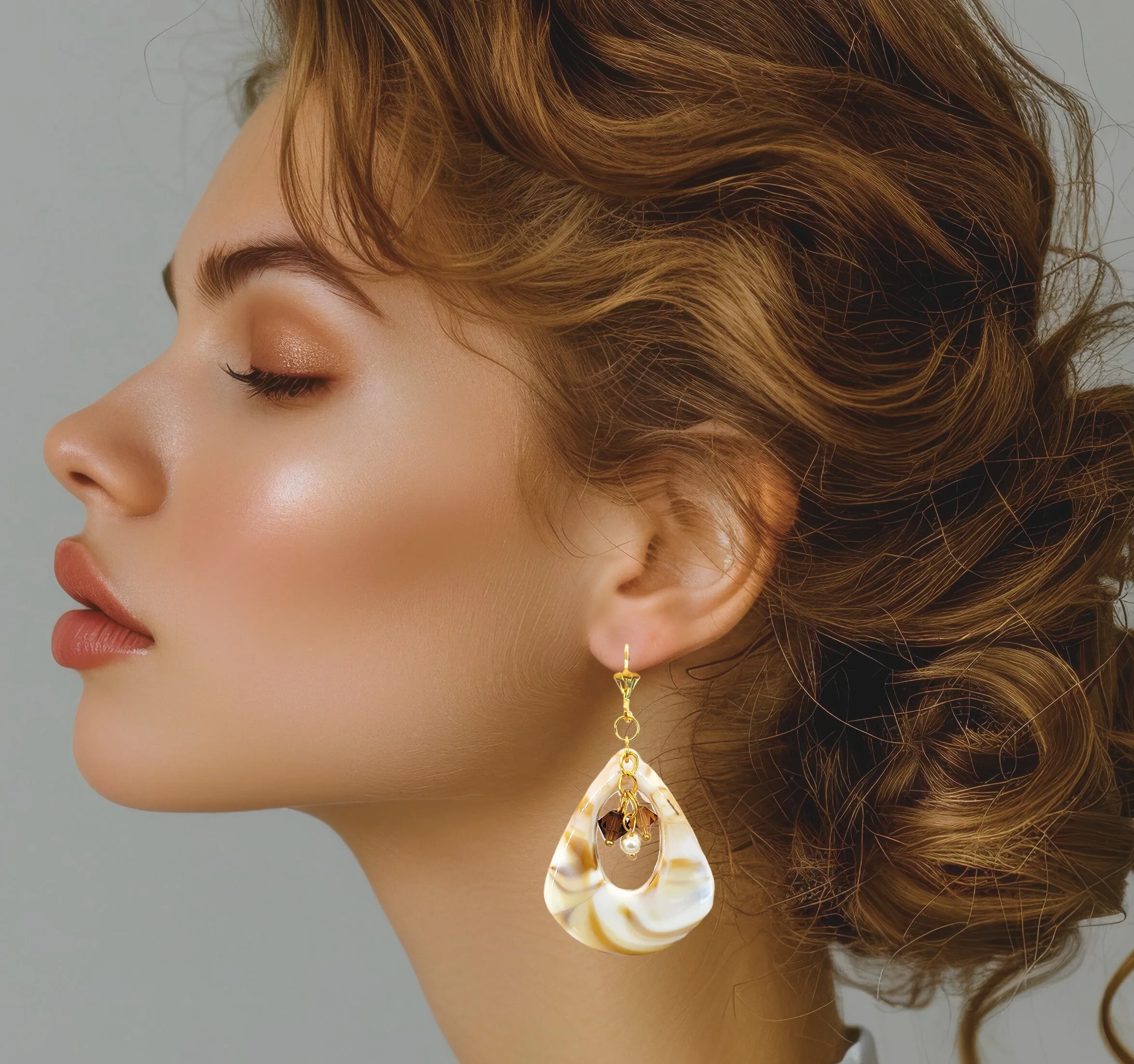 Ivory Shell Swirl Austrian Crystal and Pearl Triangle Teardrop Dangle Earrings