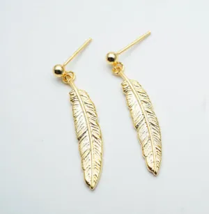 Japanese light luxury jewelry s925 sterling silver plated 18K gold vintage feather earrings Simple Japanese and Korean earrings jewelry