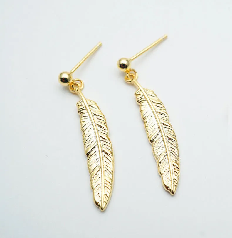 Japanese light luxury jewelry s925 sterling silver plated 18K gold vintage feather earrings Simple Japanese and Korean earrings jewelry