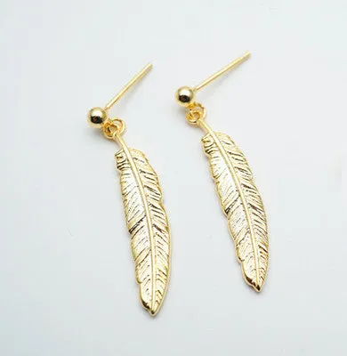 Japanese light luxury jewelry s925 sterling silver plated 18K gold vintage feather earrings Simple Japanese and Korean earrings jewelry