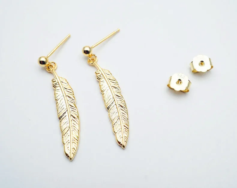 Japanese light luxury jewelry s925 sterling silver plated 18K gold vintage feather earrings Simple Japanese and Korean earrings jewelry