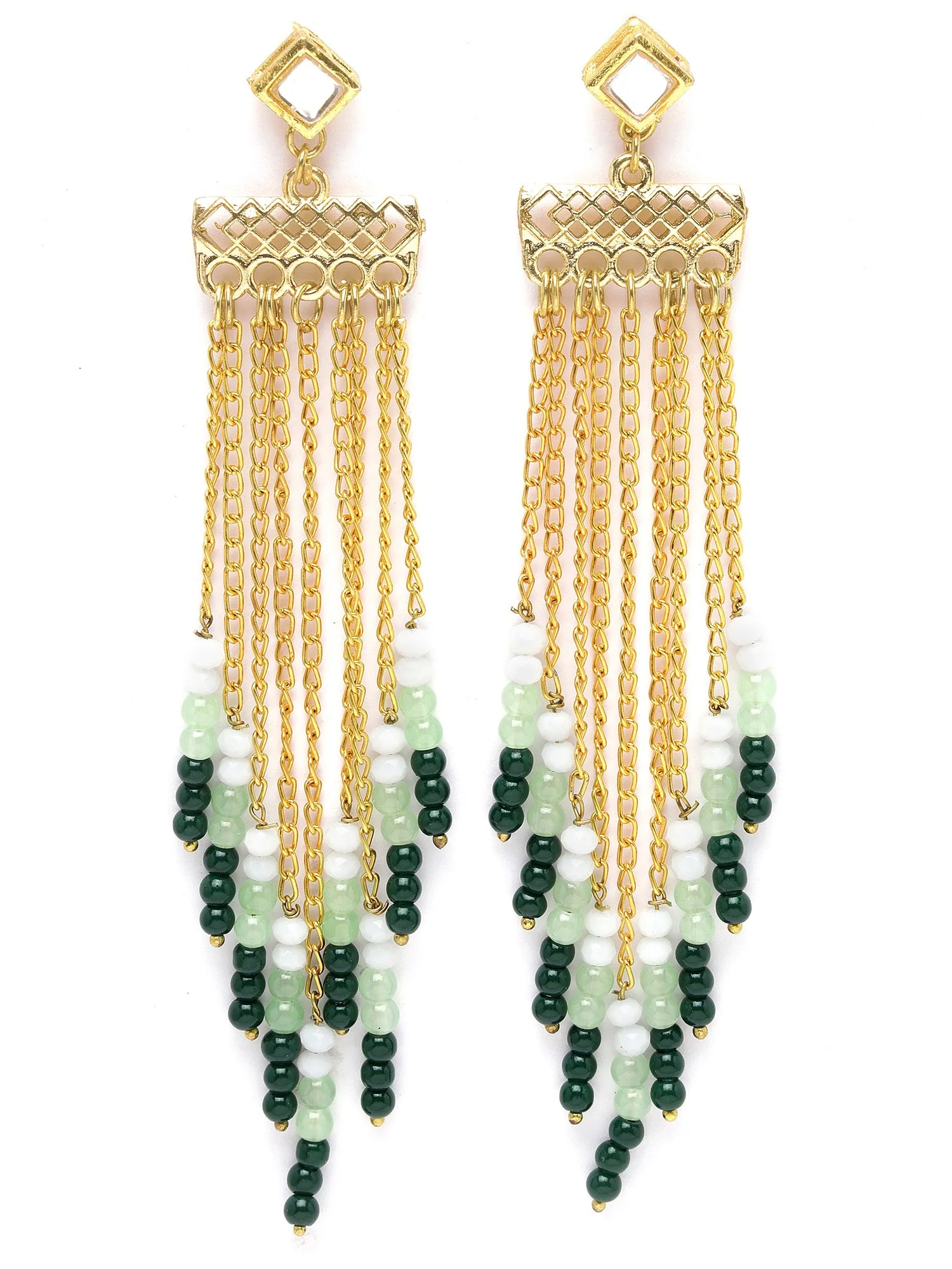 Karatcart Gold Plated Green Beads Kundan Drop Earrings for Women
