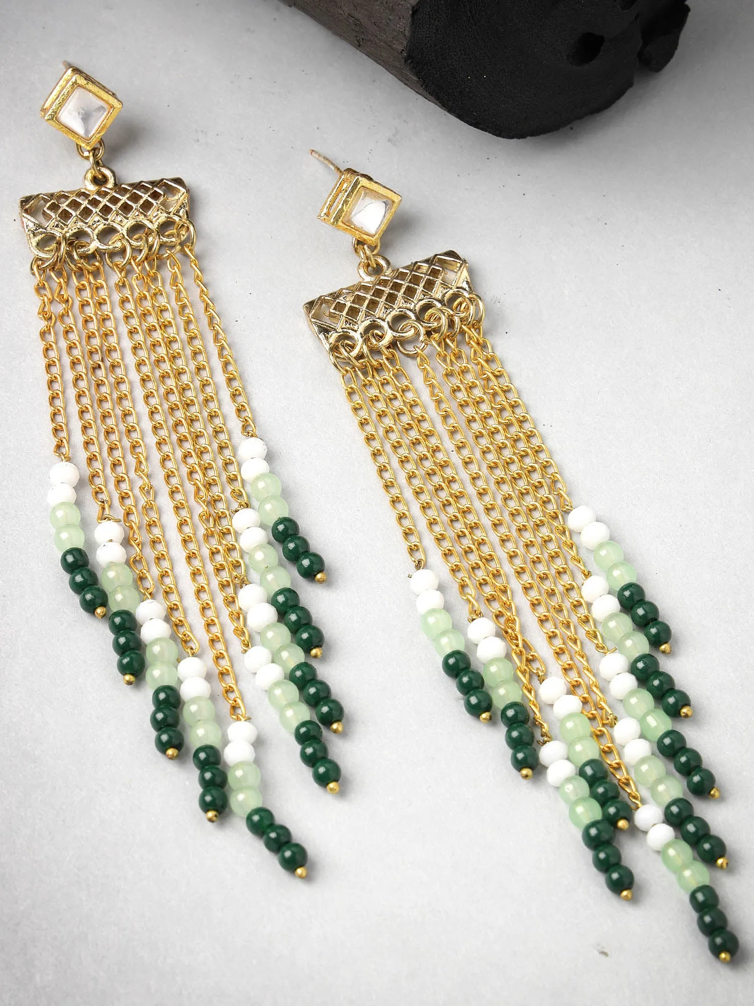 Karatcart Gold Plated Green Beads Kundan Drop Earrings for Women