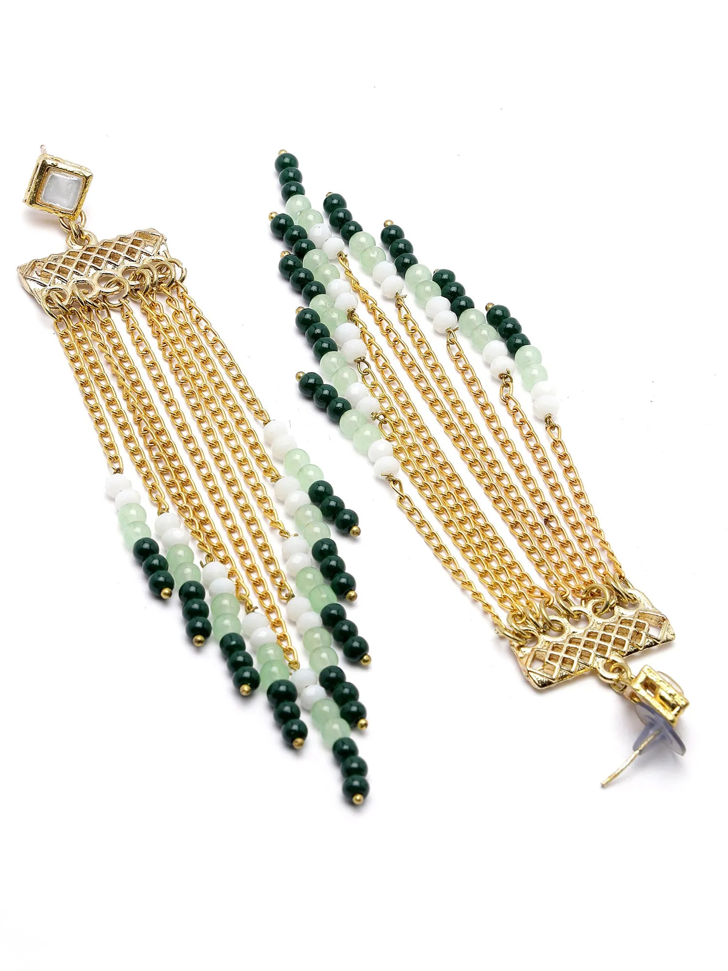 Karatcart Gold Plated Green Beads Kundan Drop Earrings for Women