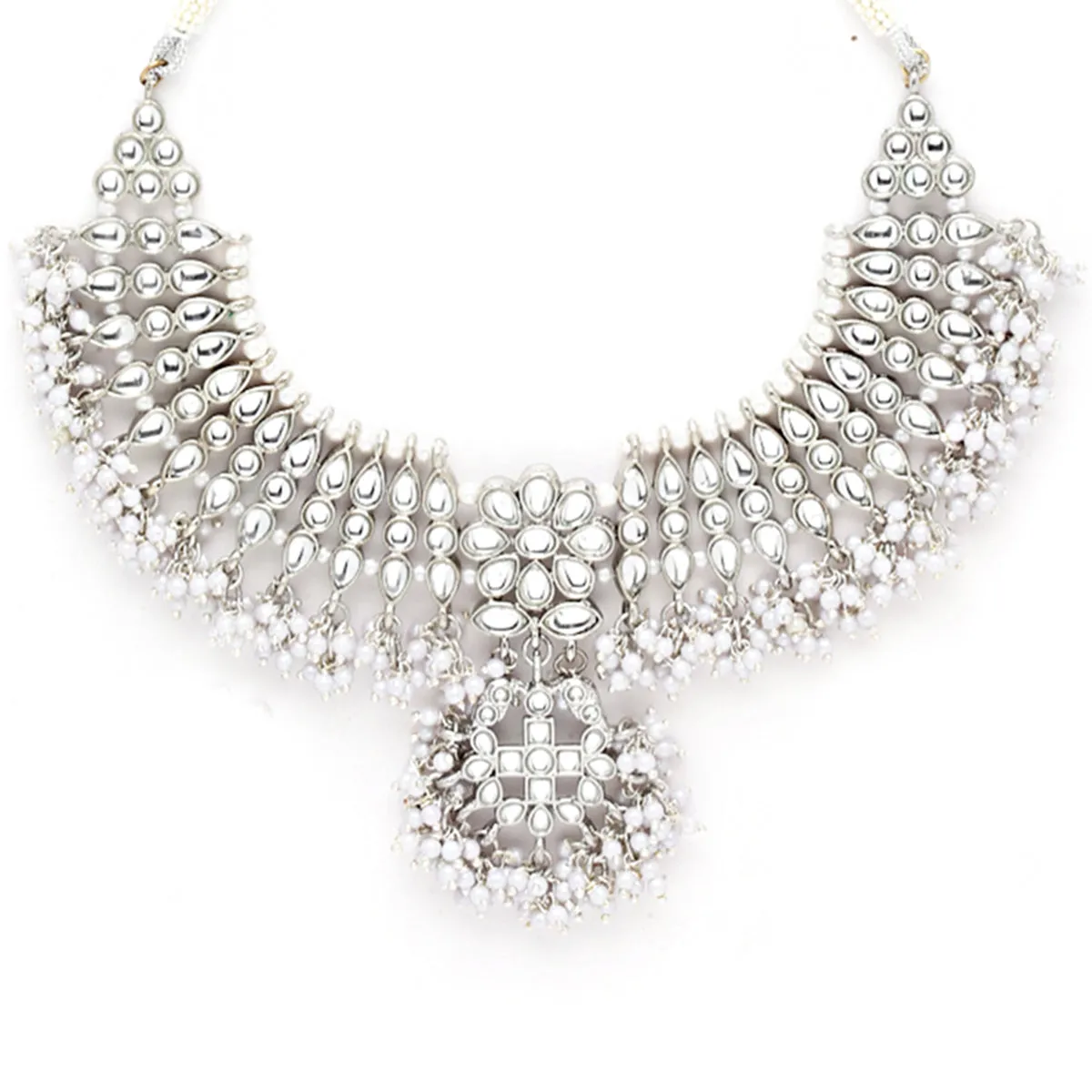 Karatcart Oxidised Silver Tassel Pearl Kundan Choker Necklace Set for Women