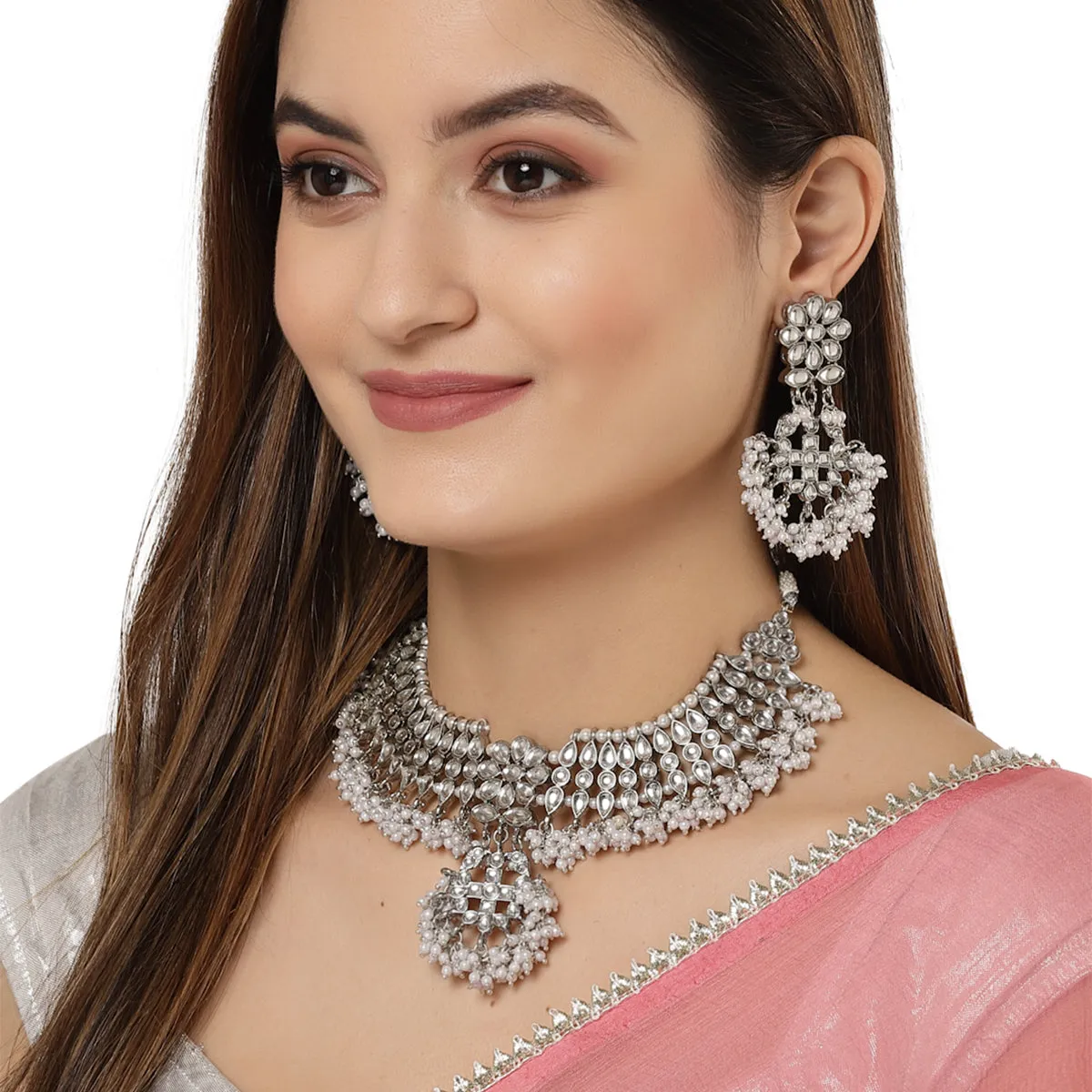 Karatcart Oxidised Silver Tassel Pearl Kundan Choker Necklace Set for Women