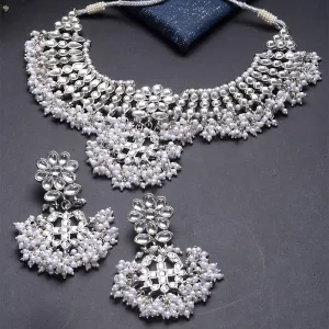 Karatcart Oxidised Silver Tassel Pearl Kundan Choker Necklace Set for Women