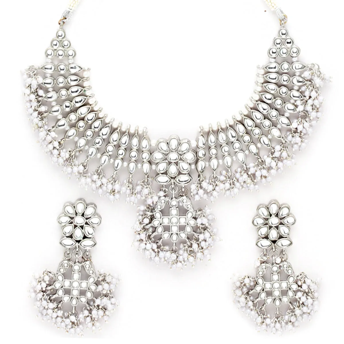 Karatcart Oxidised Silver Tassel Pearl Kundan Choker Necklace Set for Women