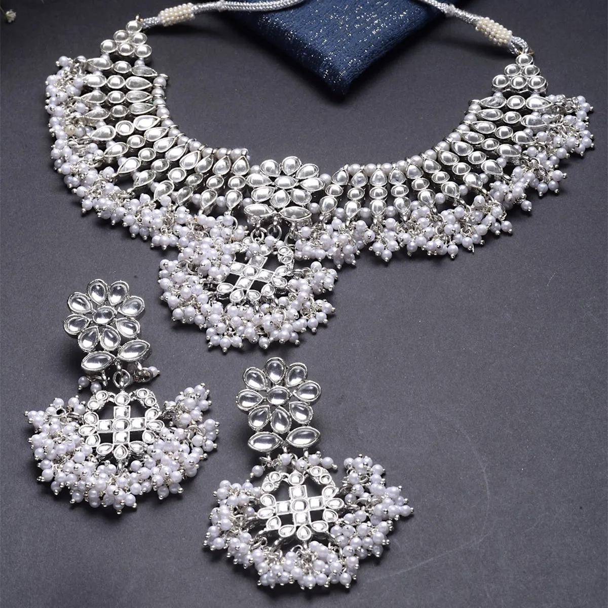Karatcart Oxidised Silver Tassel Pearl Kundan Choker Necklace Set for Women