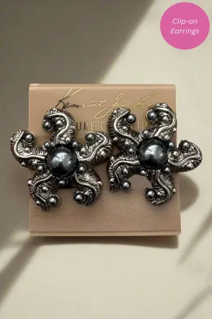 Kenneth Jay Lane Antique Silver with Grey Pearl Starfish Earrings