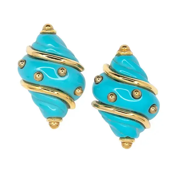 Kenneth Jay Lane Turquoise Shell with Gold Dots Clip Earrings