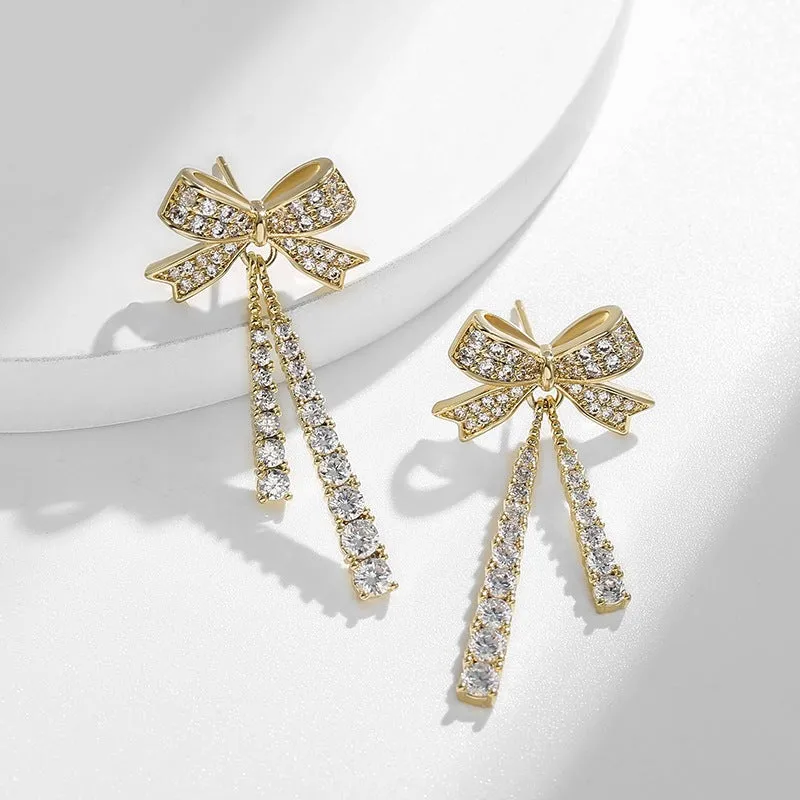 Korean Bowknot Tassel Drop Earrings