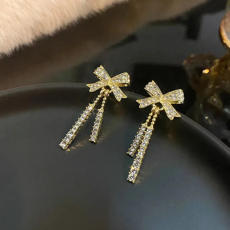 Korean Bowknot Tassel Drop Earrings