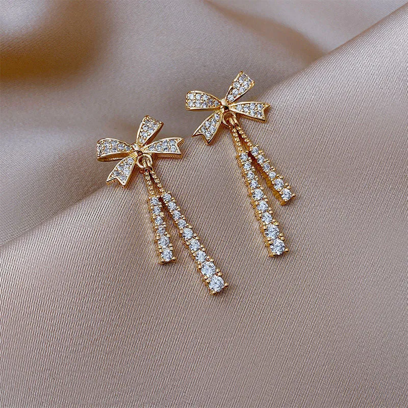 Korean Bowknot Tassel Drop Earrings