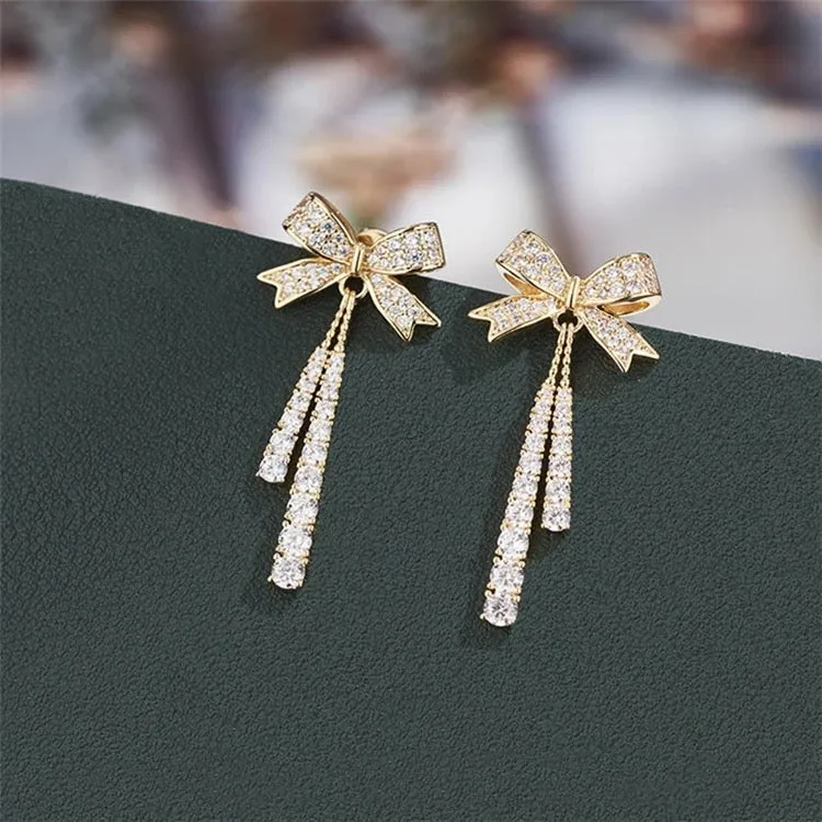 Korean Bowknot Tassel Drop Earrings
