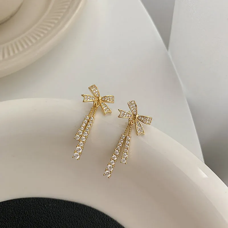 Korean Bowknot Tassel Drop Earrings