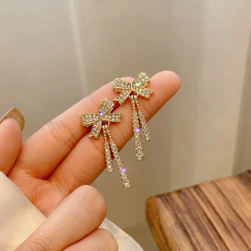 Korean Bowknot Tassel Drop Earrings